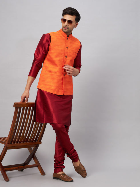 Vastramay Men's Orange Matka Silk Nehru Jacket With Maroon Silk Blend Kurta Pyjama Set